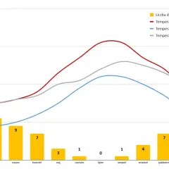 Malta pogoda na 10 dni: wykres pokazuje średnie miesięczne temperatury powietrza i wody oraz liczbę dni deszczowych.