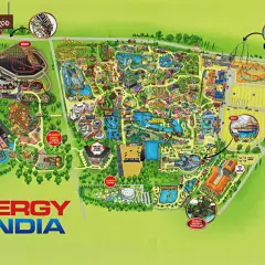 Mapa Energylandii z atrakcjami: Smoczy Gród, Zadra, Mayan, Hyperion, Western Camp, Aqualantis, Sweet Valley, Exotic Island.
