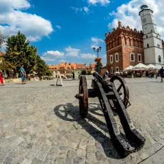 Rynek w Sandomierzu, z armatą i ratuszem, to jedne z atrakcji 100 km od Sandomierza.