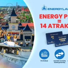 Energylandia multisport: grupa ludzi na kolejce górskiej, zamek, atrakcje i karty Energy Pass.