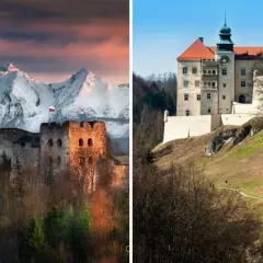 Dwa piękne zamki w Małopolsce: ruiny na tle Tatr i zamek na skale.