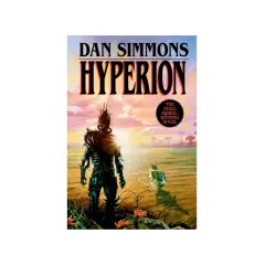 Okładka książki "Hyperion" Dana Simmonsa. Postać zbrojnego wojownika na tle zachodzącego słońca. W tle statek kosmiczny.