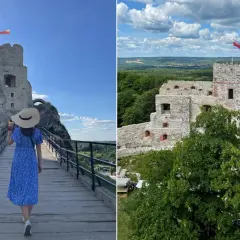 Spacer po malowniczych zamkach w okolicy Krakowa. Ruiny zamku na skale, z polską flagą na wieży, otoczone zielenią.