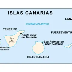 Mapa Wysp Kanaryjskich z zaznaczonymi stolicami: Santa Cruz de Tenerife i Las Palmas de Gran Canaria.