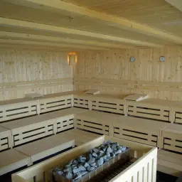 Drewniana sauna z wielopoziomowymi ławami i piecem kamiennym. Odkryj jej relaksujące właściwości.