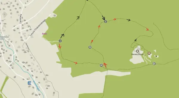 Mapa turystyczna z zaznaczonym szlakiem do jaskini i Zamek Chojnik koło Jeleniej Góry.