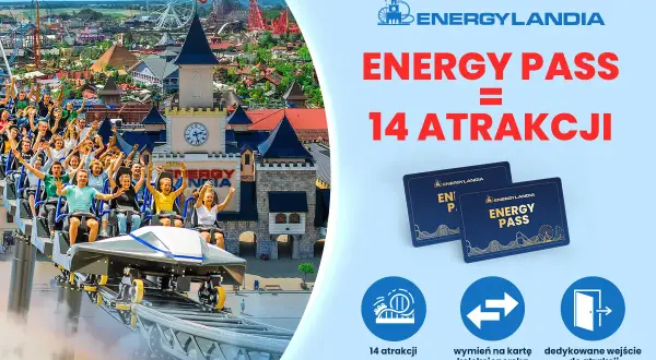 Energylandia multisport: grupa ludzi na kolejce górskiej, zamek, atrakcje i karty Energy Pass.