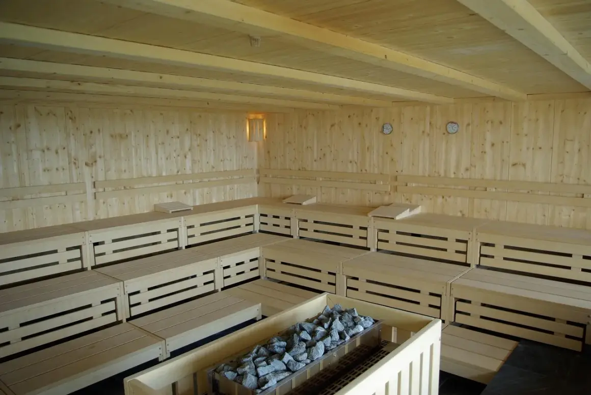 Drewniana sauna z wielopoziomowymi ławami i piecem kamiennym. Odkryj jej relaksujące właściwości.