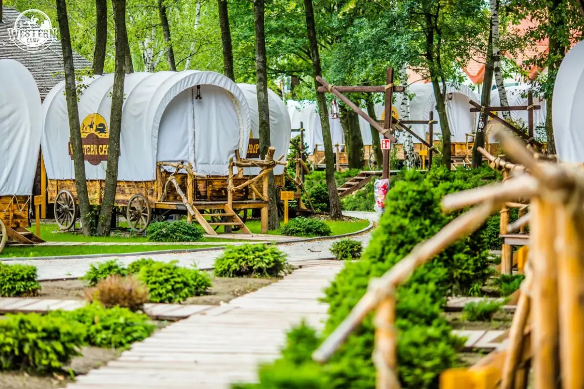 Wagony kowbojskie w Western Camp – świetne okolice Krakowa atrakcje dla dzieci. Drewniane ścieżki i zielone krzewy tworzą klimat.