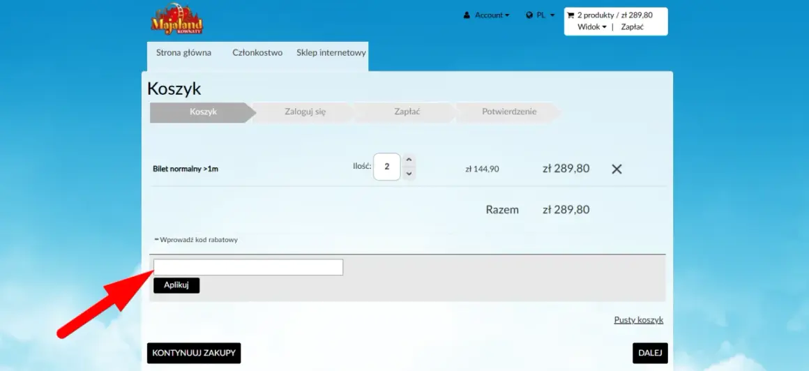 Koszyk w Majaland. Dwa bilety normalne kosztują 289,80 zł. Można tu wprowadzić kod rabatowy, by obniżyć cenę.