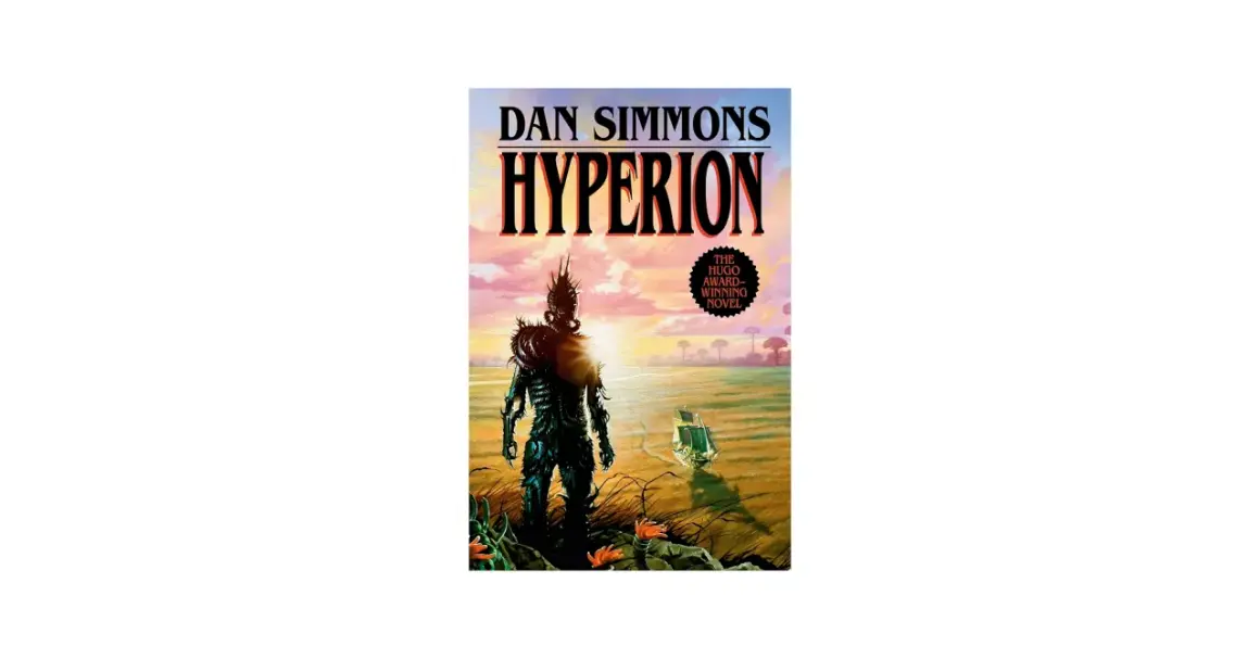 Okładka książki "Hyperion" Dana Simmonsa. Postać zbrojnego wojownika na tle zachodzącego słońca. W tle statek kosmiczny.