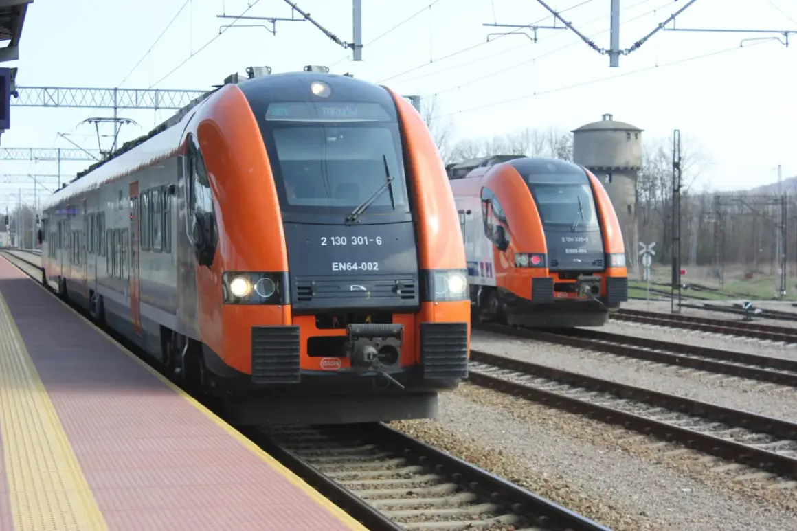 Dwa pomarańczowo-szare pociągi stoją na torach. Jeden z nich, z napisem "Tarnów", wygląda jak pociąg do Energylandii.