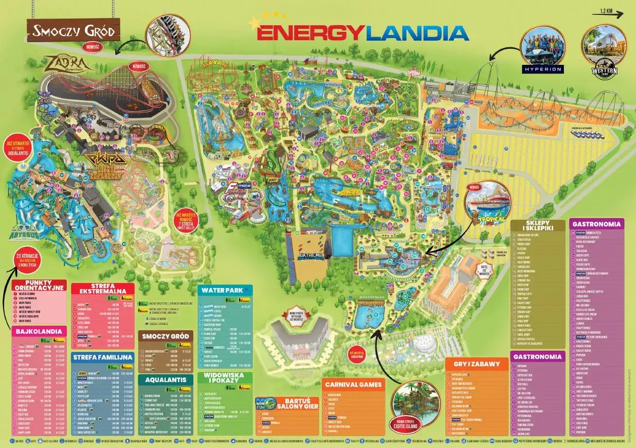 Mapa Energylandii z zaznaczonymi strefami: Smoczy Gród, Bajkolandia, Strefa Ekstremalna, Water Park, Aquantis. Idealna na bilet dwudniowy Energylandia.