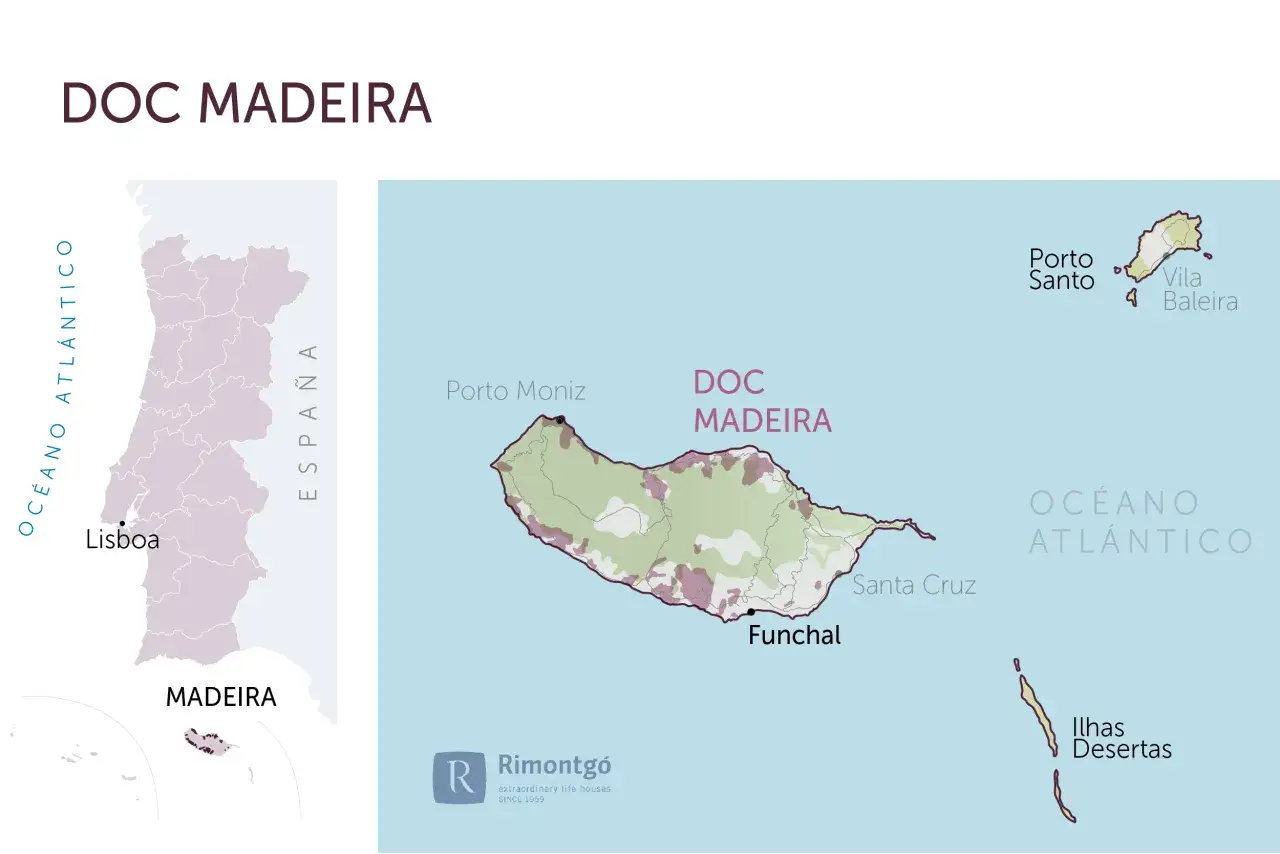 Mapa pokazuje, gdzie leży Madera, archipelag na Oceanie Atlantyckim, na zachód od Portugalii.