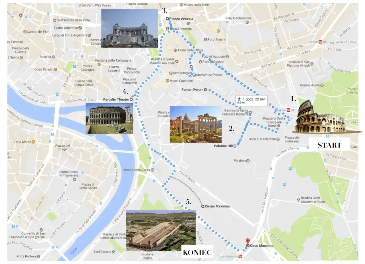 Plan na rzym w trzy dni: trasa piesza przez Koloseum, Forum Romanum, Palatyn, Cyrk Maximus i Teatr Marcellusa.