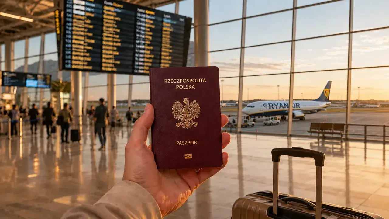 Polski paszport w dłoni na lotnisku, obok walizka. Czy na Maltę potrzebny paszport? Tak, to dokument podróży.