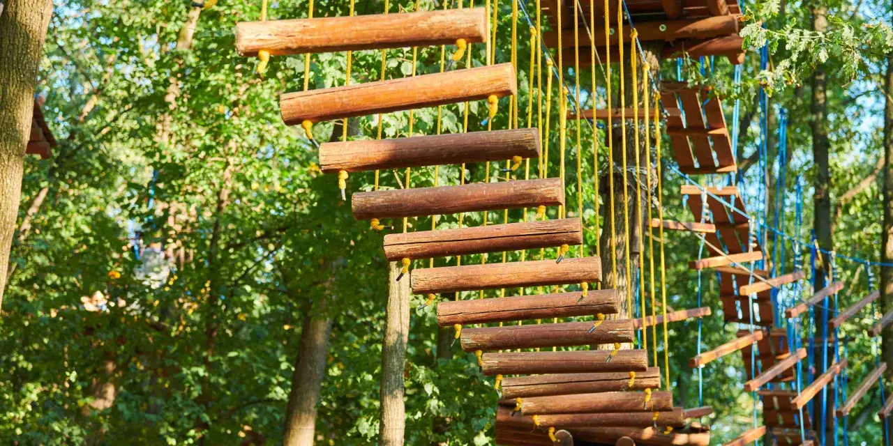 Drewniany park linowy w lesie, idealne miejsce na weekendowe atrakcje dla dzieci w Szczecinie.