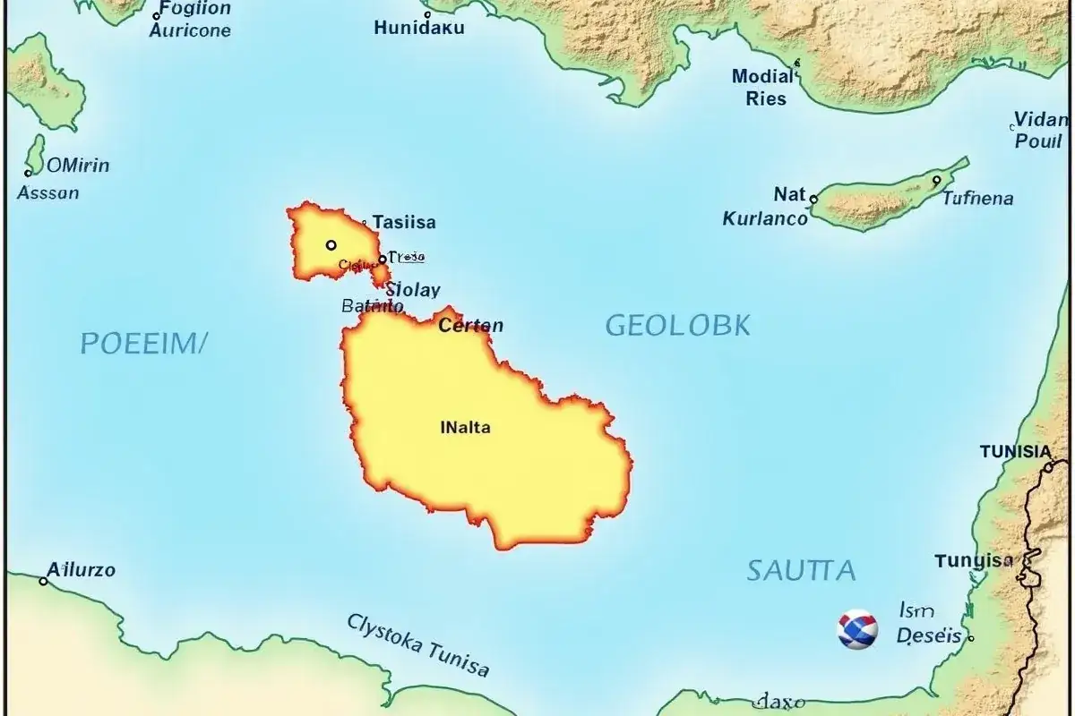 Mapa przedstawia malta wyspy z zaznaczonymi miastami. Widać też fragmenty Afryki i Europy.
