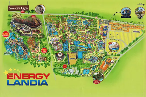 Mapa Energylandii z atrakcjami: Smoczy Gród, Zadra, Mayan, Hyperion, Western Camp, Aqualantis, Sweet Valley, Exotic Island.
