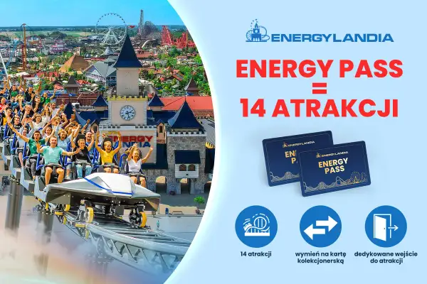 Energylandia multisport: grupa ludzi na kolejce górskiej, zamek, atrakcje i karty Energy Pass.