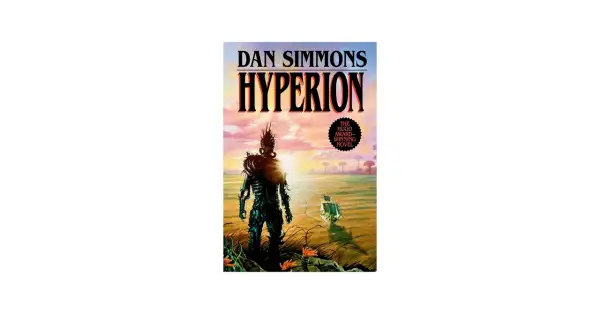 Okładka książki "Hyperion" Dana Simmonsa. Postać zbrojnego wojownika na tle zachodzącego słońca. W tle statek kosmiczny.